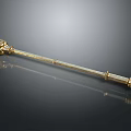 Golden Decorative Staff With Intricate Top Bottom Designs On Dark Reflective Background