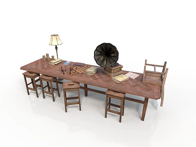 Rustic Dining Table Set With Table Lamp Gramophone Chessboard Books Chairs And Stools 3d model