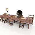 Rustic Dining Table Set With Table Lamp Gramophone Chessboard Books Chairs And Stools 3d model