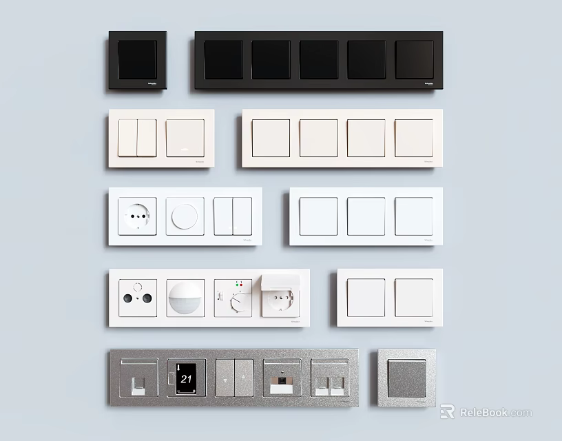 Various Design Electrical Switch Panels with Sockets in Black White Grey 3d model 