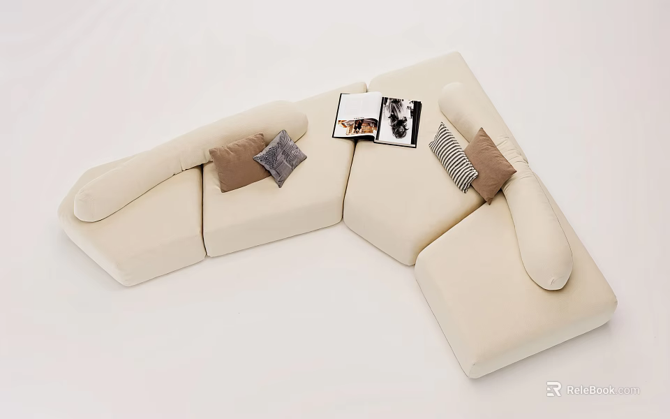Beige Casual Sofa Set With Brown Gray Cushions And Open Magazine 3d model 
