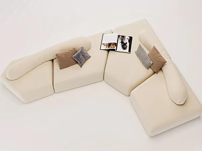 Beige Casual Sofa Set With Brown Gray Cushions And Open Magazine 3d model