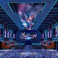 Modern KTV Room Interior With Starry Sky Ceiling Blue Lighting Sofas And LED Screens