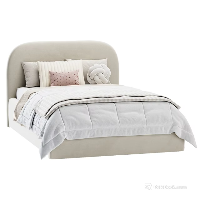 Cozy Kids Bed With Beige Curved Headboard White Quilt And Knotted Pillow 3d model 