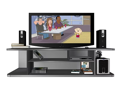 Modern Flat Screen TV On Black TV Stand With Speakers And Electronic Devices 3d model