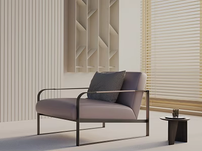 Modern Leisure Chair With Gray Cushion Metal Frame And Small Side Table Near Light Colored Wall Blinds 3d model