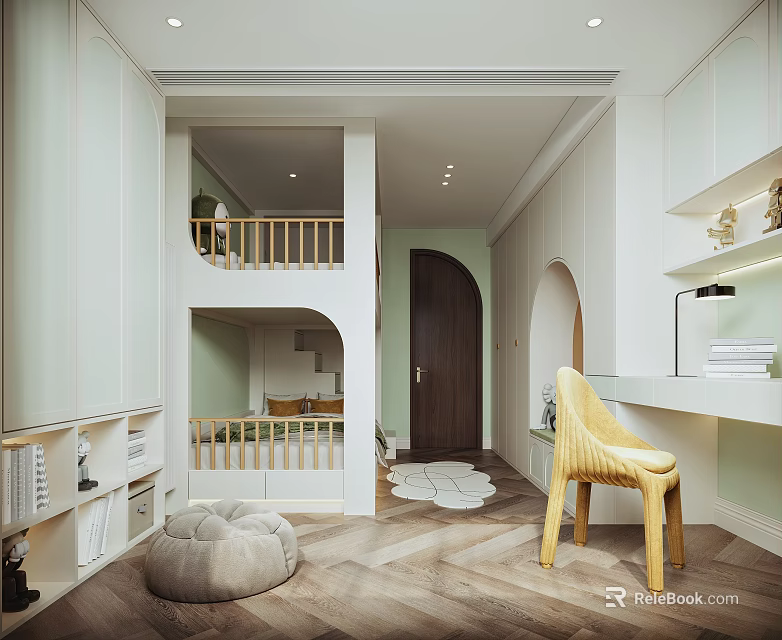 Modern Kids Room With Bunk Bed Study Desk Yellow Chair Storage Cabinets And Rug 3d model 