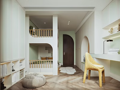 Modern Kids Room With Bunk Bed Study Desk Yellow Chair Storage Cabinets And Rug 3d model