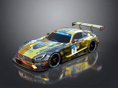 Mercedes Race Car In Golden Black Paint With Rear Wing Number 1 Racing Design 3d model