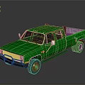 Green Crew Cab Pickup Truck With Chrome Front Grille And Black Wheels On Reflective Surface