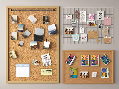 Different Wall Boards With Photos Notes And Cards For Home Organization 3d model