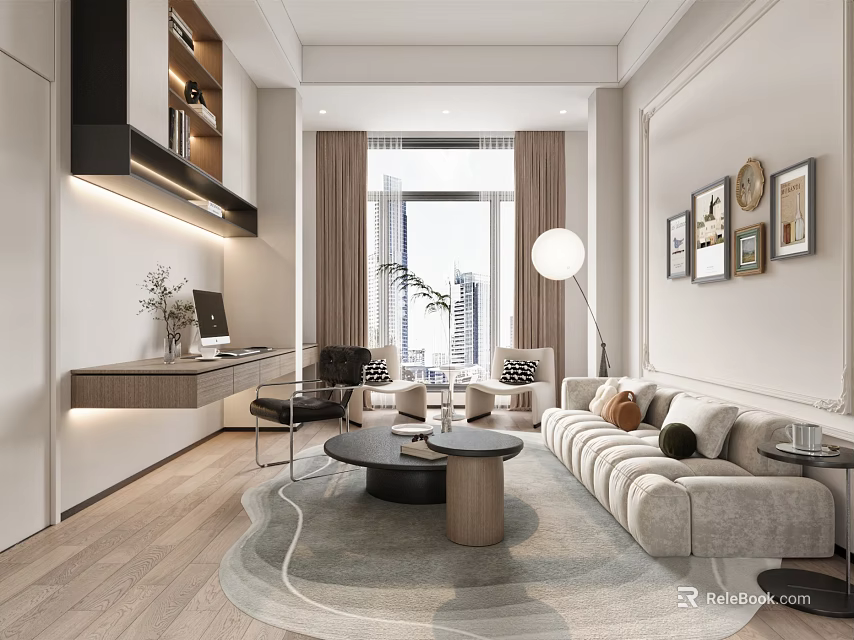 Modern Home Office Interior Design With Comfortable Sofa Coffee Table And Large Window 3d model