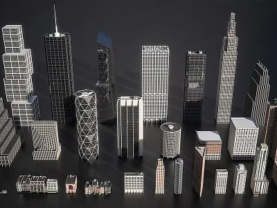 Modern Architectural Building Models With Various Designs Shapes And Heights On Black Background 3d model