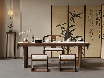 Traditional Chinese Tea Table and Chairs with Bamboo Screen Calligraphy and Tea Set Decorations 3d model