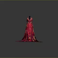 Red Long Evening Gown With Intricate Floral Patterns And Flowing Train 3d model