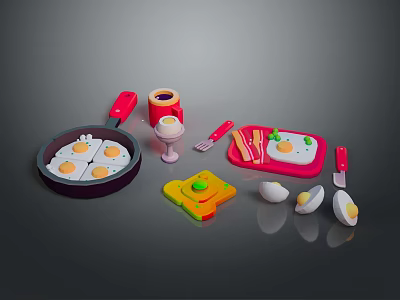 Colorful Kids Toy Kitchen Utensils with Pan Egg Models Cup Knife and Cutting Board 3d model