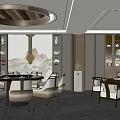 Modern Luxury Chinese Private Dining Room With Round Table Pendant Light Tableware Bookshelves Decorative Painting