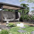 Courtyard Garden Design With Pergola Seating Area Lush Plants And Stone Flooring