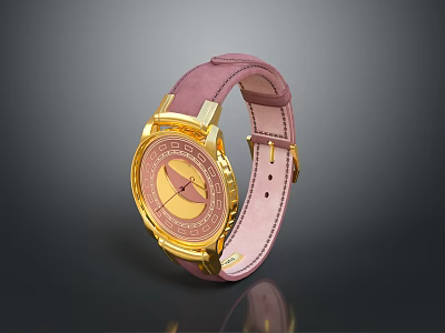 Stylish Pink Leather Strap Watch With Gold Case And Decorative Dial Design 3d model