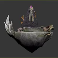 Fantasy Rock Platform With Central Figure Pink Gemstone Headdress Stone Steps White Dragon Tentacle Structures