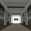 Modern Elevator Lobby Interior With Marble Walls Elevator Doors Ceiling Lighting And LED Screen
