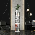 Elegant Modern Bookcase With Gold Frame And Green Plant On Marble Wall Background