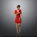 Standing In Red Polka Dot Dress Holding Black Cup Against Gray Background With Beige Shoes