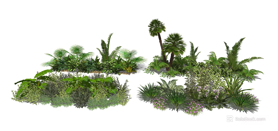 Diverse Flowers And Plants In Garden Featuring Palm Trees Ferns Bushes And Blooms 3d model 