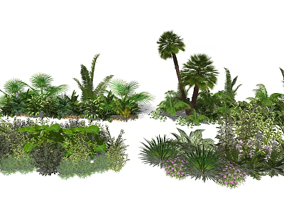 Diverse Flowers And Plants In Garden Featuring Palm Trees Ferns Bushes And Blooms 3d model