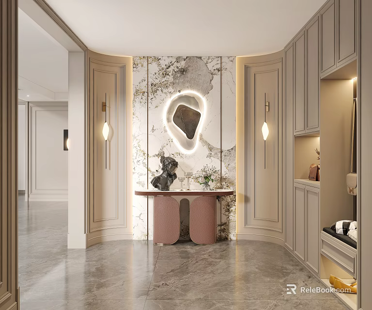 Elegant Modern Foyer Hallway With Marble Wall Circular Mirror Wall Lamps And Pink Console Table 3d model 