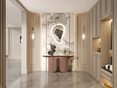 Elegant Modern Foyer Hallway With Marble Wall Circular Mirror Wall Lamps And Pink Console Table 3d model