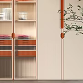 Modern Beige Wardrobe Design With Glass Door Storage Shelves Orange Strips And Potted Plant