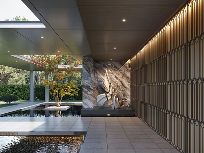 Modern Courtyard Garden With Covered Roof Water Feature Marble Wall Wooden Lattice And Stone Flooring 3d model