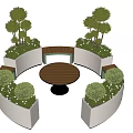 Curved Outdoor Chairs Surrounding Round Wooden Table With Green Plant Planters