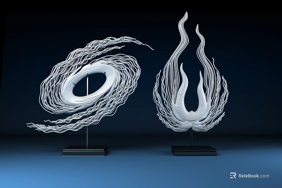 White Decorative Ornament Set with Spiral and Flame Shapes Black Base on Blue Background 3d model 