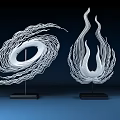White Decorative Ornament Set with Spiral and Flame Shapes Black Base on Blue Background