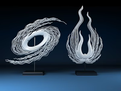 White Decorative Ornament Set with Spiral and Flame Shapes Black Base on Blue Background 3d model