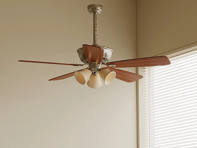 Wooden Blade Ceiling Fan With White Light Bulbs Near Window Blinds 3d model