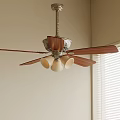 Wooden Blade Ceiling Fan With White Light Bulbs Near Window Blinds