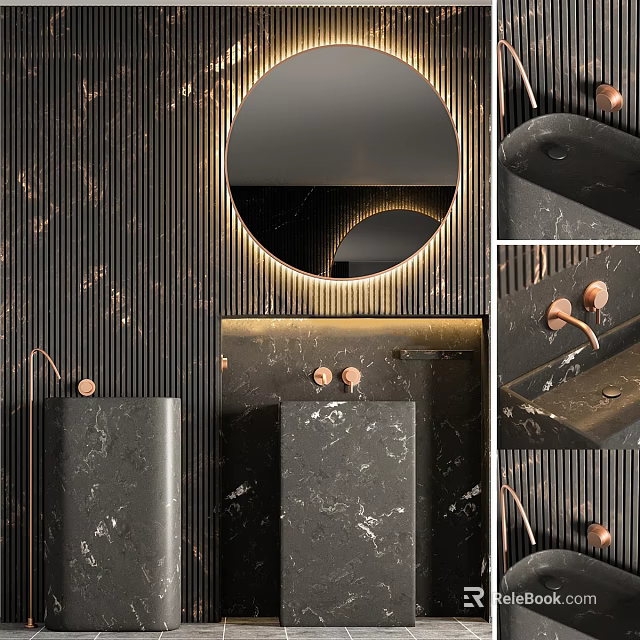 Modern Black Marble Bathroom Sink with Round Mirror Gold Faucet and Striped Wall 3d model 
