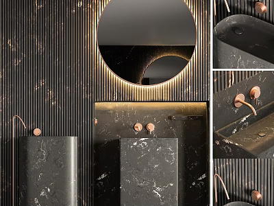 Modern Black Marble Bathroom Sink with Round Mirror Gold Faucet and Striped Wall 3d model
