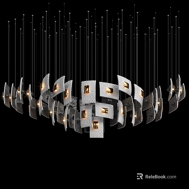 Modern Geometric Silver Chandelier With Rectangular Metal Panels And Hanging Cables Emiting Warm Light 3d model 