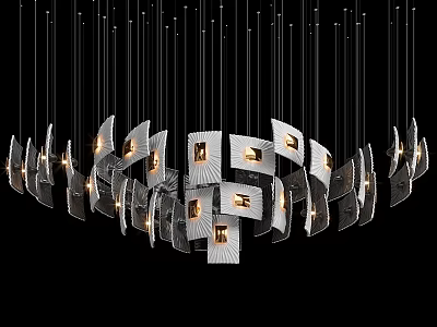 Modern Geometric Silver Chandelier With Rectangular Metal Panels And Hanging Cables Emiting Warm Light 3d model