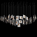 Modern Geometric Silver Chandelier With Rectangular Metal Panels And Hanging Cables Emiting Warm Light