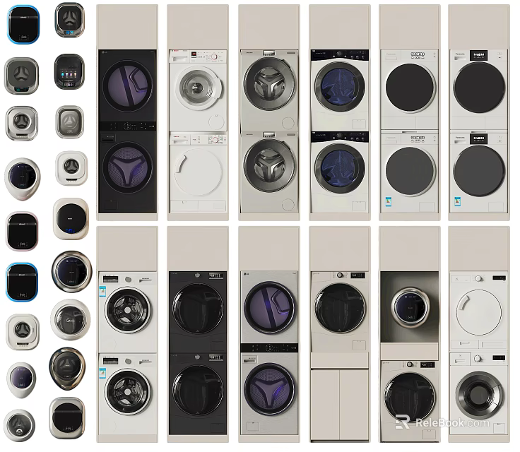 Various Modern Washing Machines With Different Colors Designs And Front Load Styles 3d model 