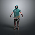 Man in Green Hoodie with Tattered Cloak Gloves and Dark Pants Standing on Gray Background