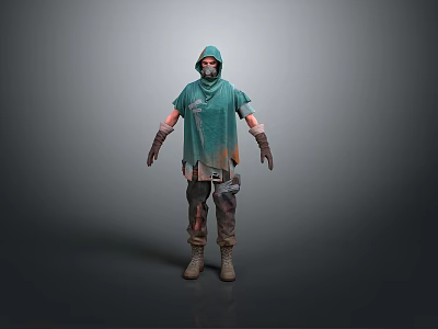 Man in Green Hoodie with Tattered Cloak Gloves and Dark Pants Standing on Gray Background 3d model