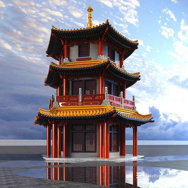 Ancient Chinese Three Story Pagoda With Yellow Roof Red Pillars And Traditional Eaves 3d model 