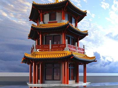 Ancient Chinese Three Story Pagoda With Yellow Roof Red Pillars And Traditional Eaves 3d model