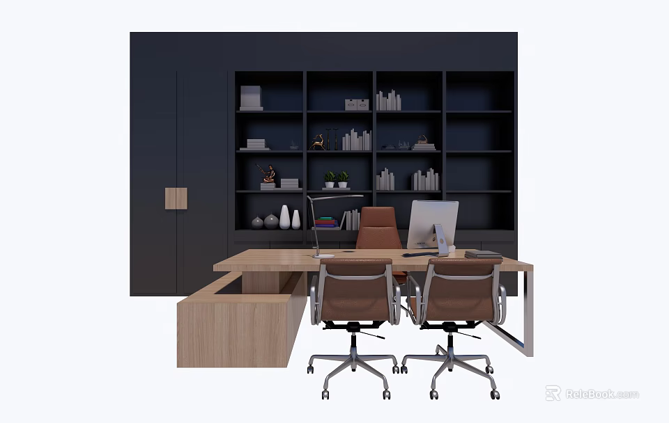 Modern Office Desk with Two Ergonomic Chairs Dark Bookshelf with Books Decorations and Plants 3d model 